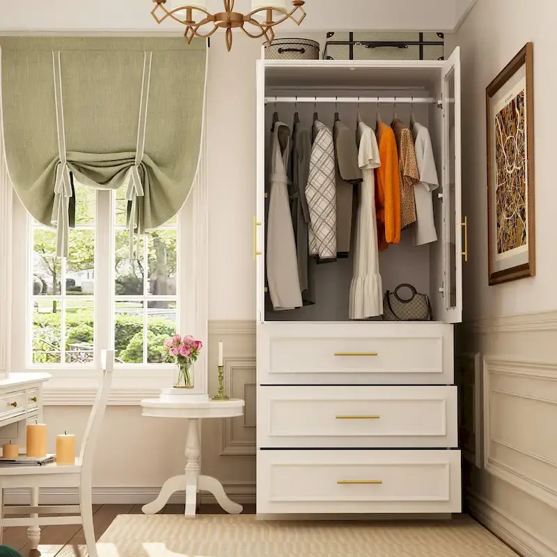 White Wardrobe Armoire Closet: Double - glass - door Design with Gold Handles and a Hanging Rod, Ideal for Organizing Clothes