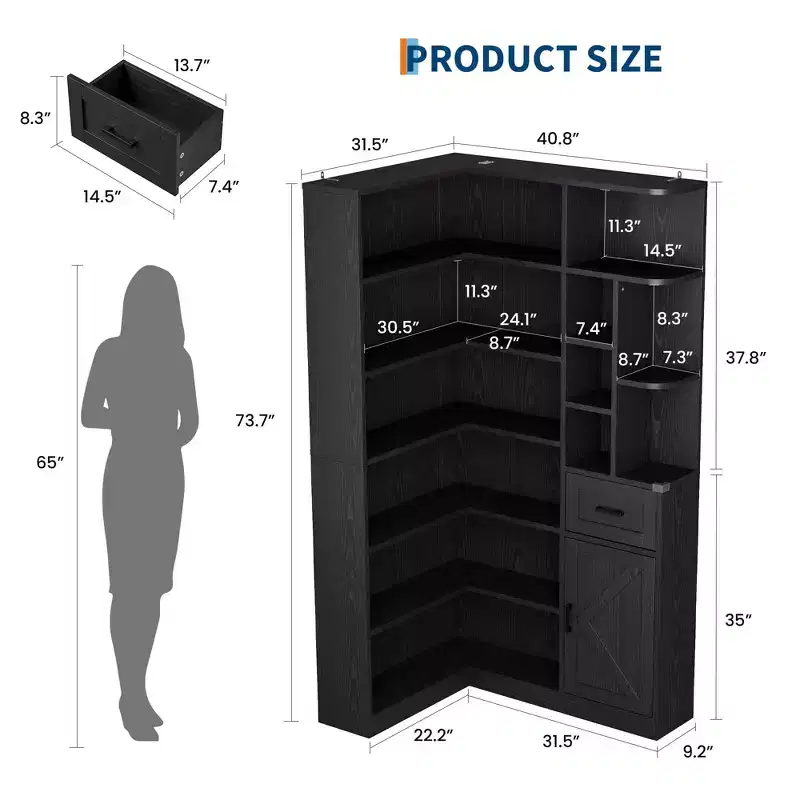 74 Inch Tall Corner Bookshelf, L-Shaped Black Bookcase with Storage for Living Room, Home Office and Bedroom