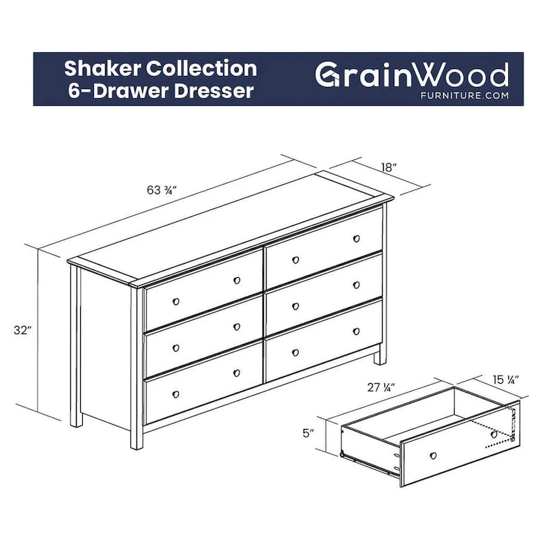 Grain Wood Furniture Shaker-style 6-drawer Solid Wood Dresser