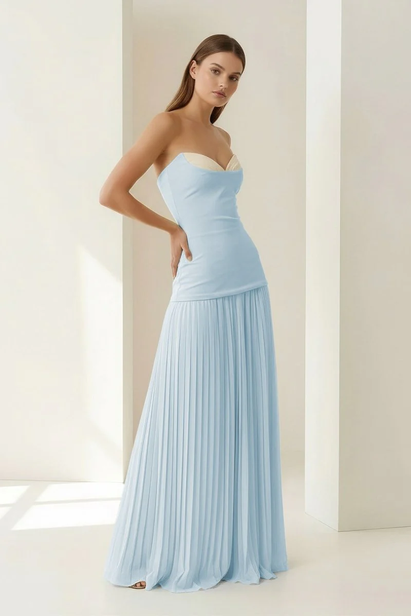 Blue Strapless Sheath Chiffon Pleated Long Prom Dresses