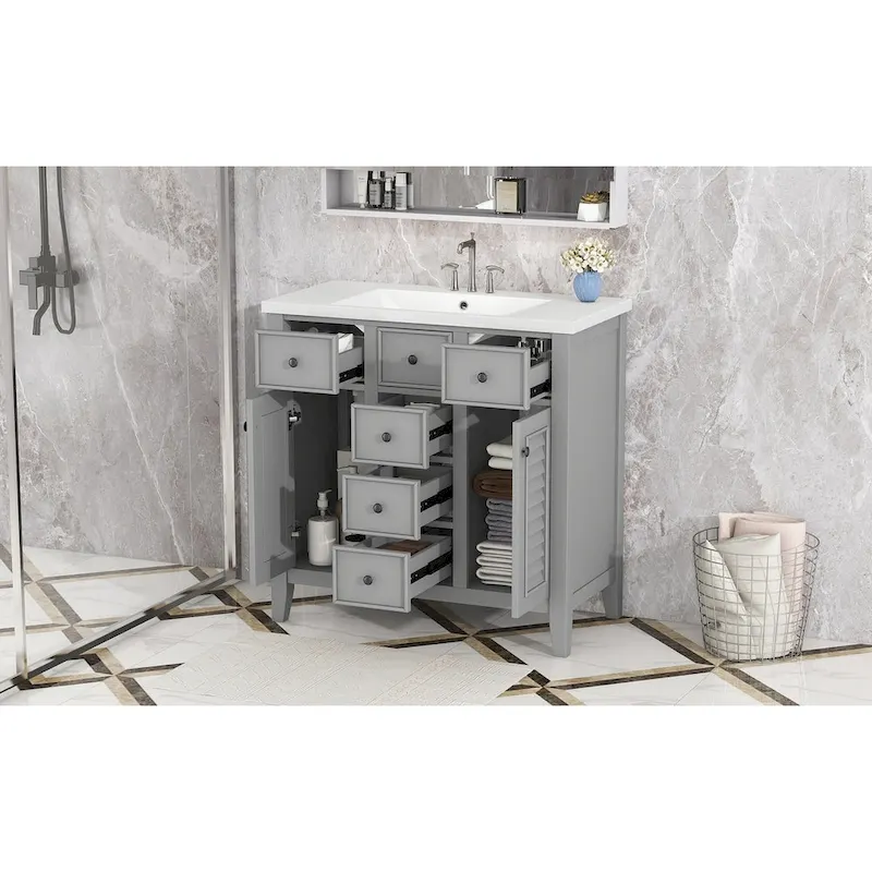 Bathroom Vanity with Ceramic Basin, Two Cabinets and Five Drawers