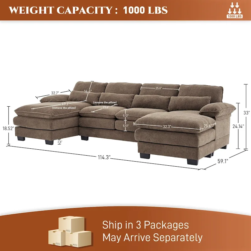 Soft Chenille Fabric U-Shaped Sectional Sofa with Double Layer Cushion