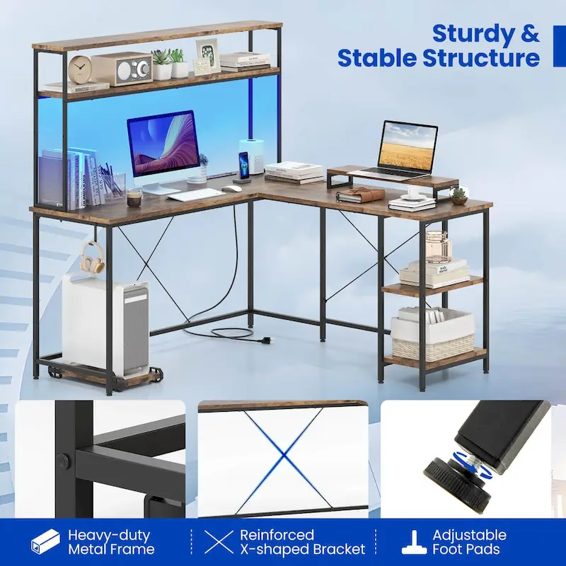 Costway L-Shaped Gaming Desk with LED Strip & Power Outlets Hutch - See Details