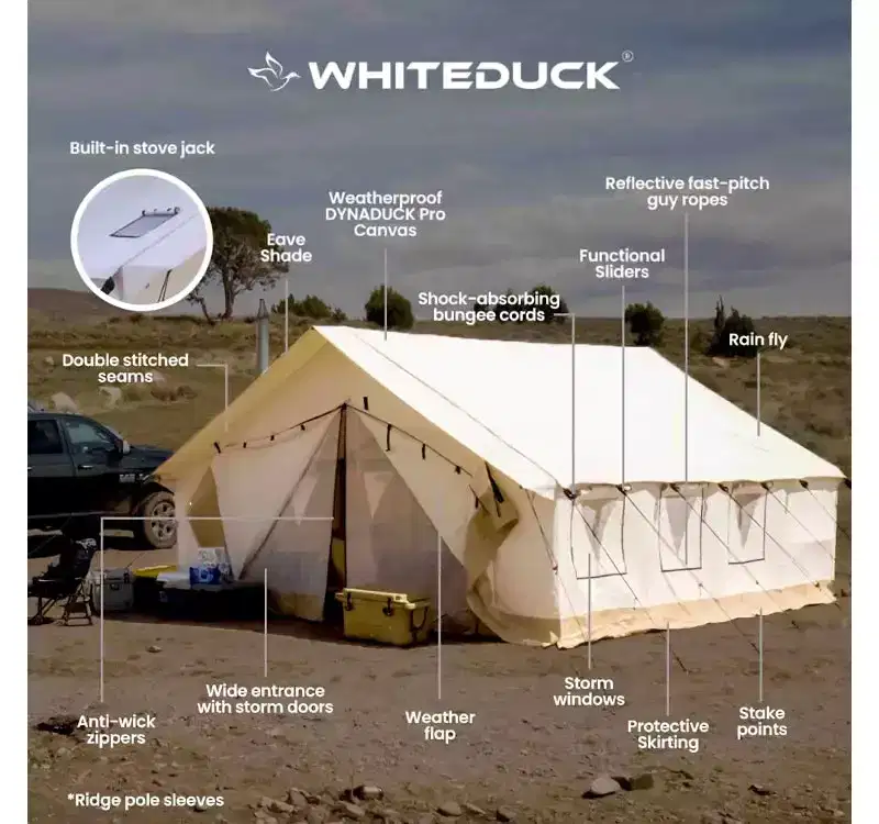 WHITE DUCK 12 x 14 ft Alpha Canvas Wall Tent with Stove Jack & Frame, 4-Season Water Repellent Camping & Hunting Tent, DYNA DUCK Fabric