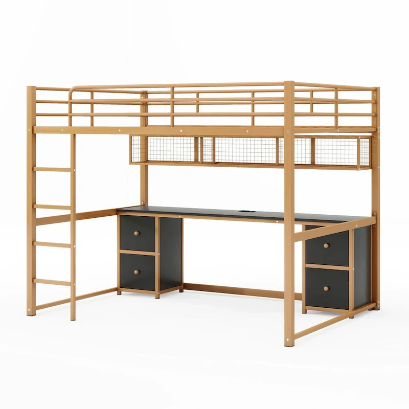 Gold+Black Full Metal Loft Bed with Desk, Drawers & Charging Station