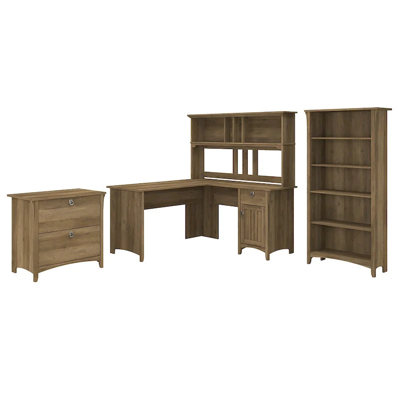 Salinas 60W L Desk with Hutch, Cabinet and Bookcase by Bush Furniture