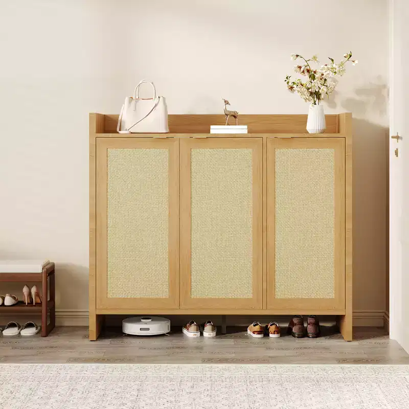 Rattan Shoe Storage Cabinet, Wooden Shoe Rack Organizer Cabinet with 3 Doors and Adjustable Shelves for Entryway Living Room Hallway, Dark Oak