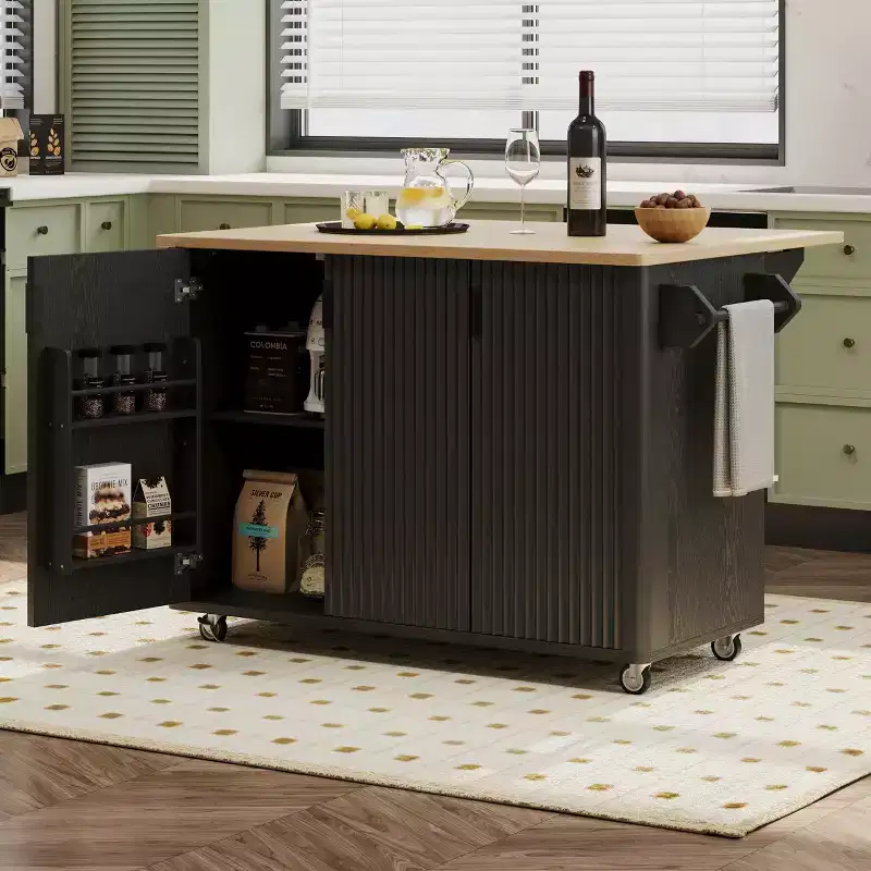 Fluted Kitchen Island with Drop Leaf, Farmhouse Kitchen Island on Wheels with Storage Rack, Rolling Kitchen Cart with Towel Rack for Dining Room