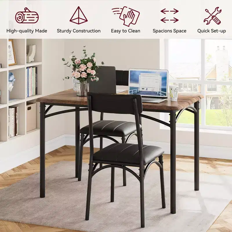 5 Piece Rectangular Dining Table Set for 4 People, Metal and Wood Table with 4 Padded Upholstered Chairs, Kitchen and Dining Room, Rustic Brown