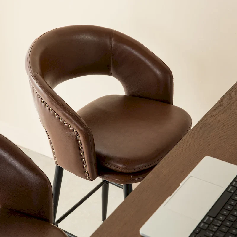 Mid-Century Modern Faux Leather Bar Stool with Nailhead Trim & Metal Legs – Black / Brown
