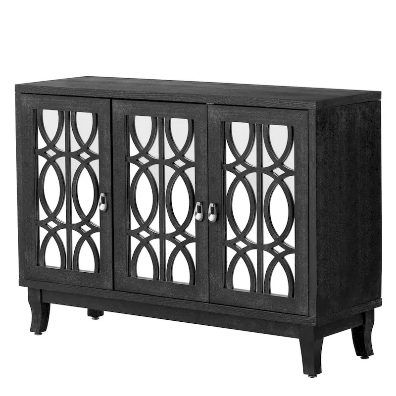 Sideboard Buffet Cabinet with 3 Mirrored Glass Doors and Silver Handle - 47.2 L x 15.6 W x 33.9 H