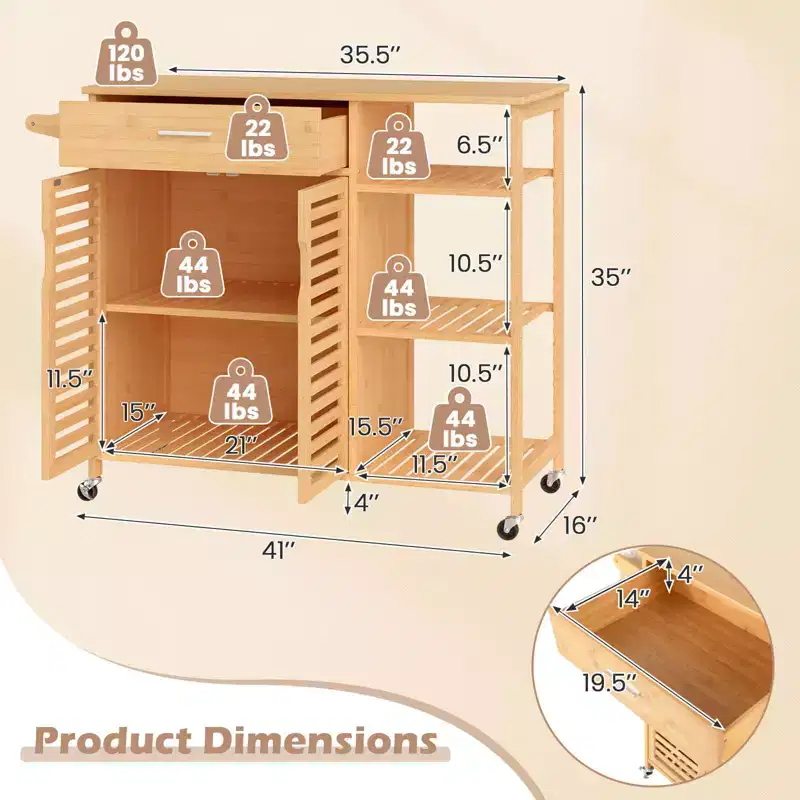Natural Bamboo Kitchen Island Cart with Drawer, Cabinet & Lockable Wheels (1-Person Assembly)