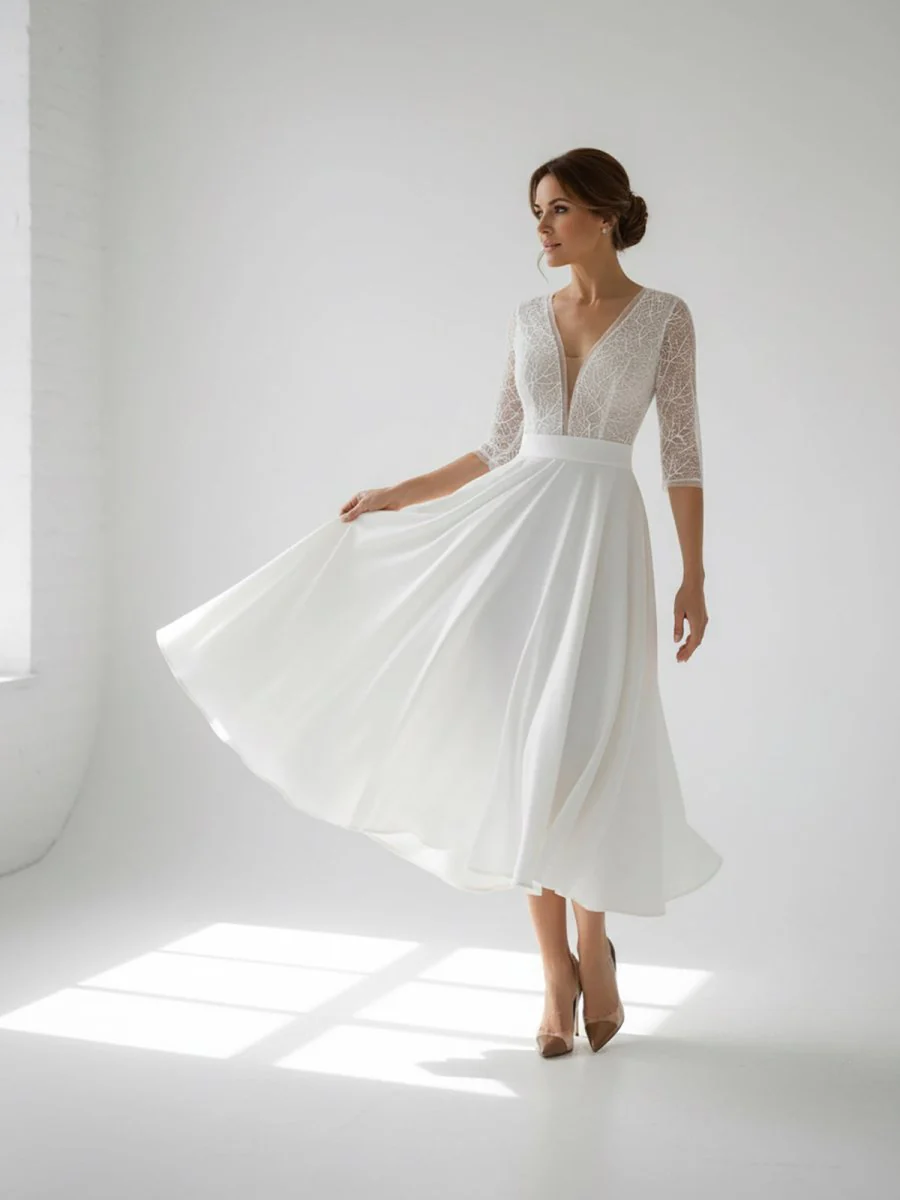 Satin V-neck A Line Tea-length Wedding Dress with Ruching and Sash