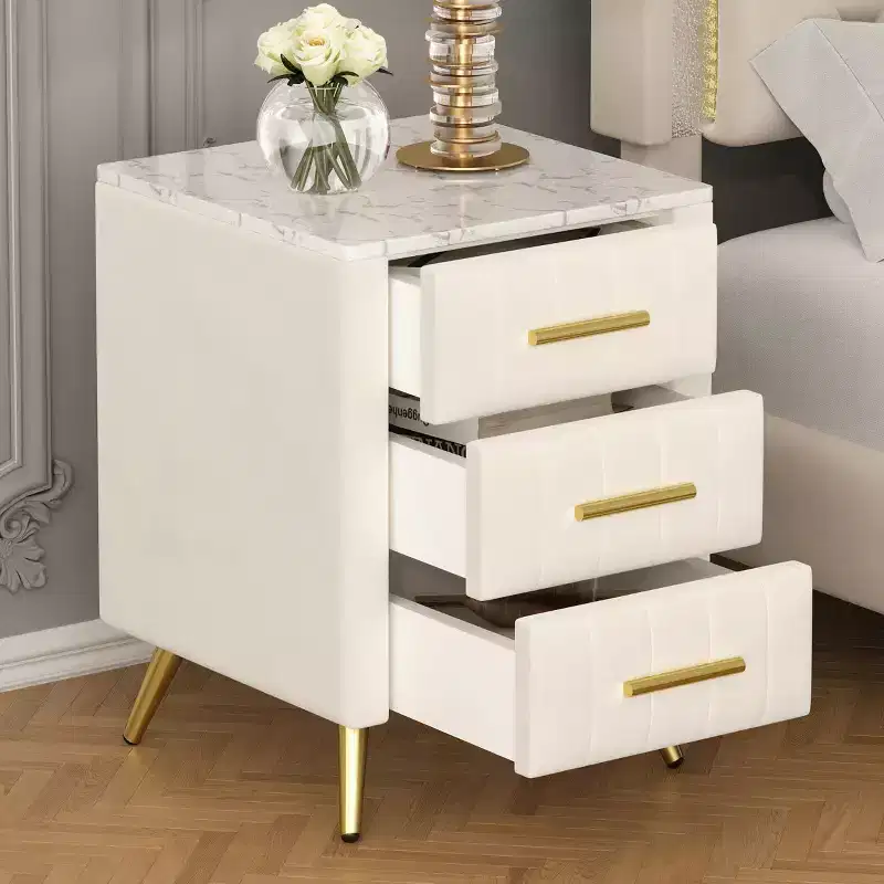 Modern Upholstered Nightstands with Drawer, Faux Marble Top and Gold Metal Legs, Elegant Bedside Tables for Bedroom or Sofa Side-Panipeachy