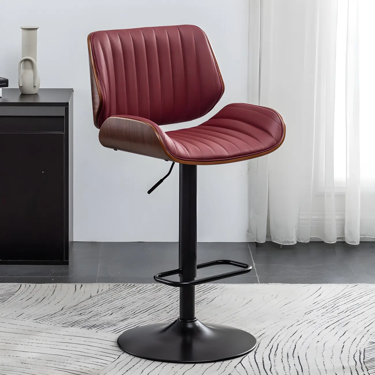 Elegant Wood Leather Red Swivel Adjustable Bar Stool