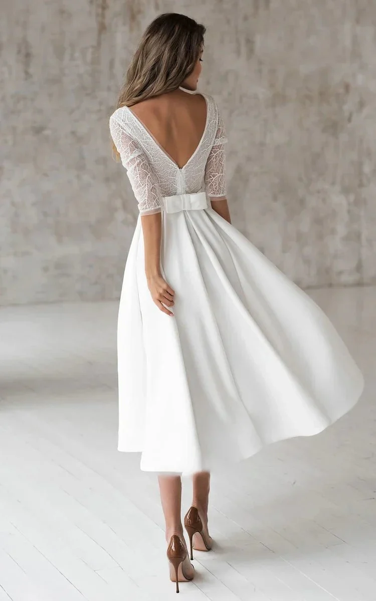 Satin V-neck A Line Tea-length Wedding Dress with Ruching and Sash