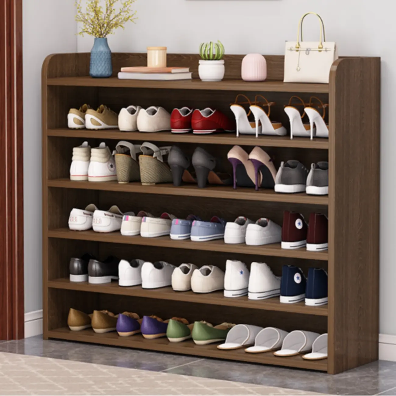 Vertical White Wooden Hallway 6-Tier Open Shoe Rack