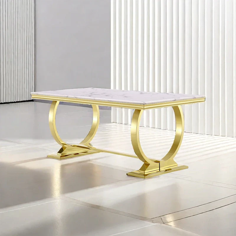 Brushed Gold Dining Table with 78 inch Glass Top and Tapered Barrel Base