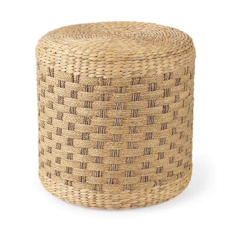 Brown Patterned Woven Seagrass Round Pouf, Single