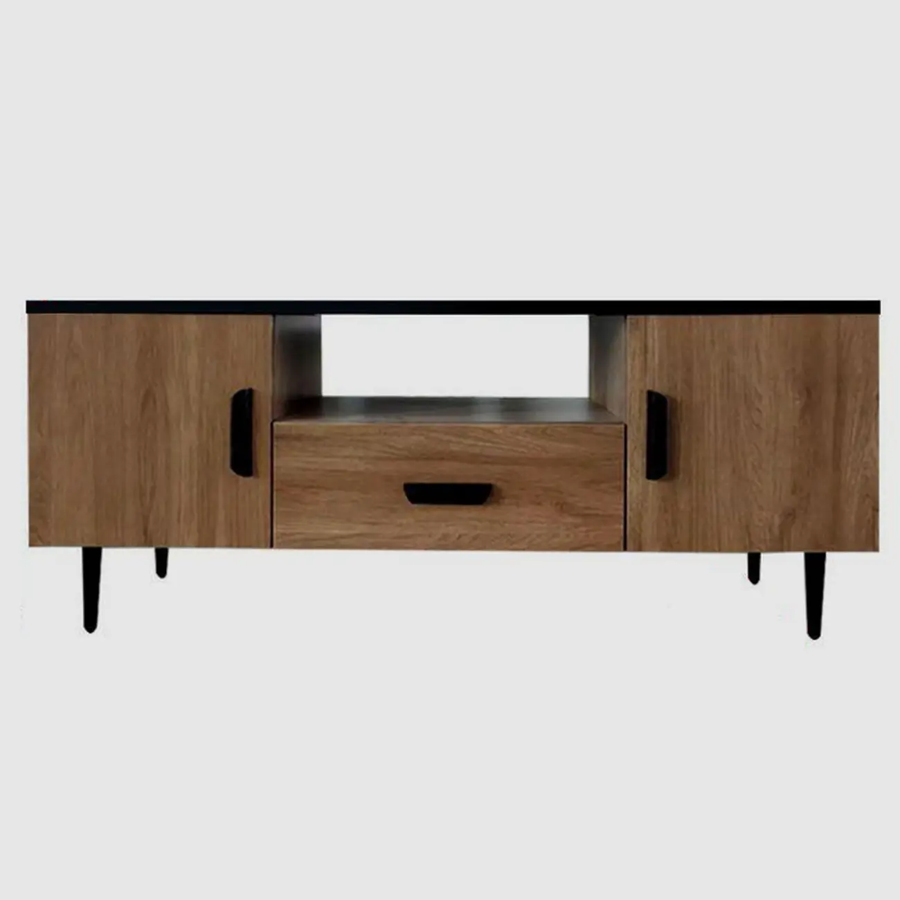 Brown Wood Media Shelf Cabinet TV Stand with Metal Legs