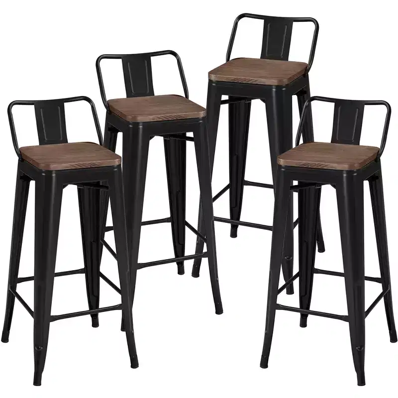 Yaheetech 30 Low Back Metal Counter Height Bar Stools with Wood Seat & Footrest, Set of 4