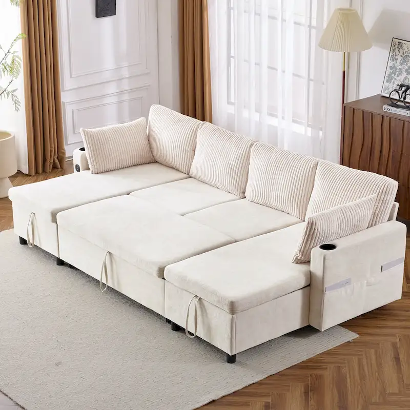 Brown / Beige / Grey Sectional Sofa Bed with Dual Chaise Storage, 2 USB Ports & Cup Holders – Seats 4–5