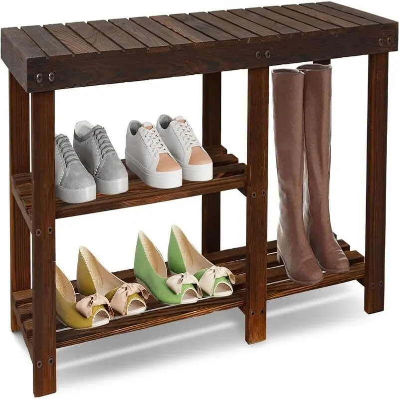 3-Tier Bamboo Shoe Rack Bench, Entryway Seat, 4 Wood Legs, Vintage Style, Brown / Natural / White / Black, 1-Person Use