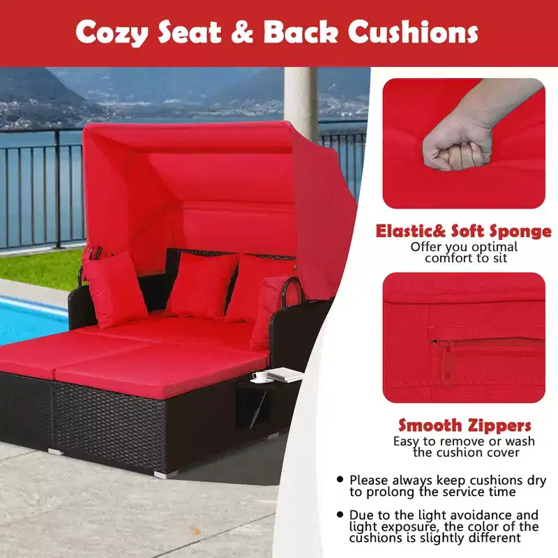 Costway Patio Rattan Daybed Lounge Retractable Top Canopy Side Tables Cushions Off White/Red/Turquoise/Beige