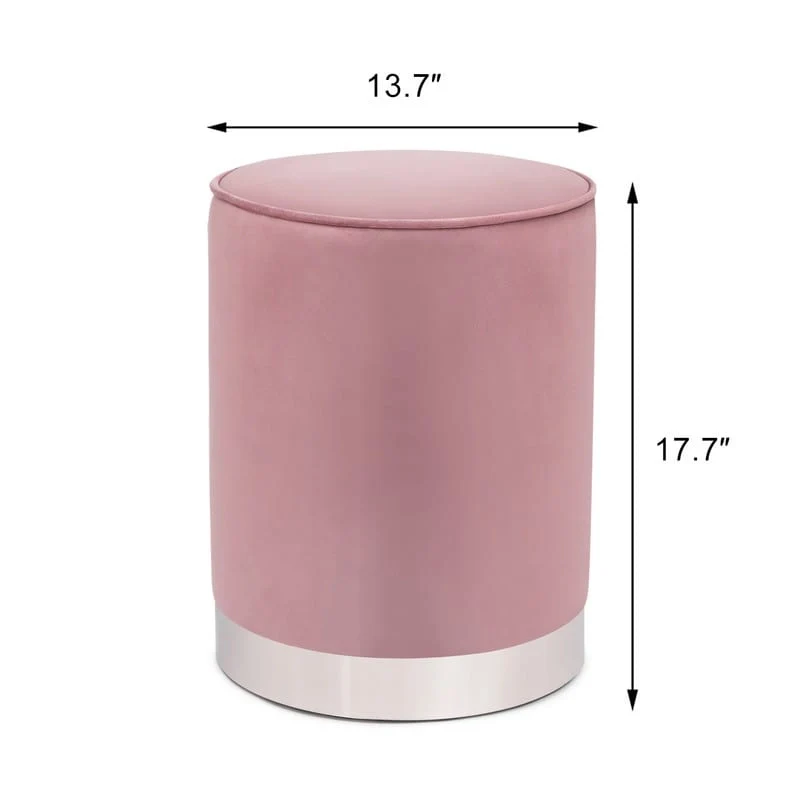 Adeco Vanity Upholstered Round Velvet Ottoman Footstool Silver Trim