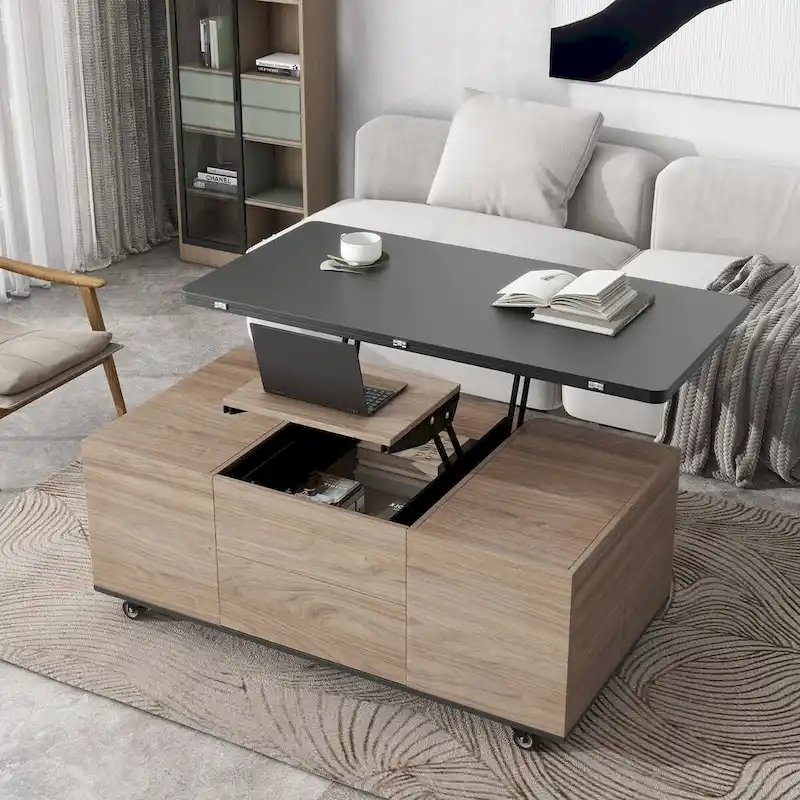 Modern Walnut & White Lift Top Coffee Table Multifunctional Table with Drawers & Shelves