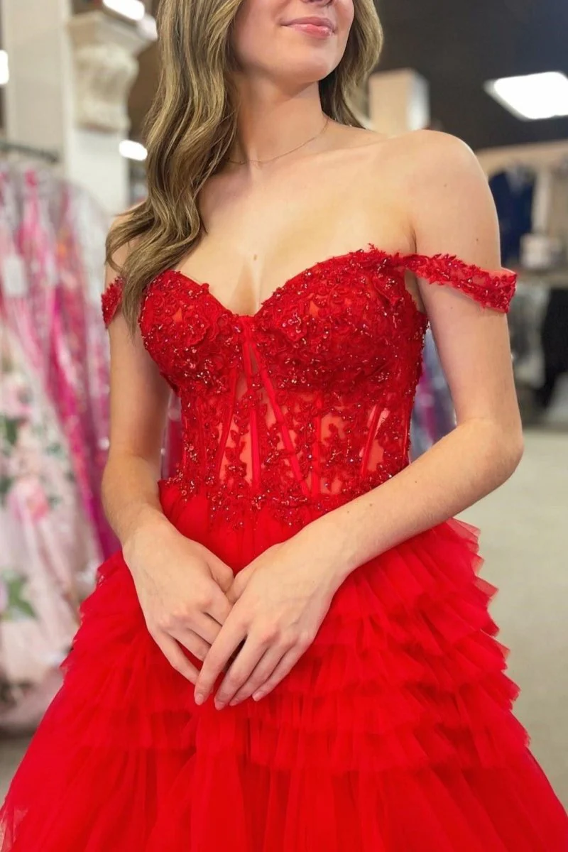 Red Tulle Off-the-Shoulder Ruffle Tiered Long Prom Dress