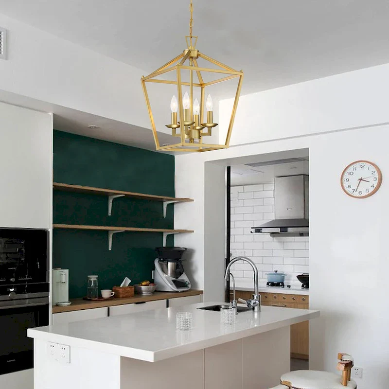 2-PK 12 in.4-light Geometric Lantern Chandelier with Matte Black finish/Soft gold finish