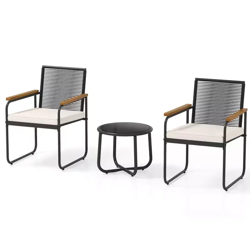 Costway 3 PCS Patio Furniture Set with Round Tempered Glass Top Table Armrests & Cushions