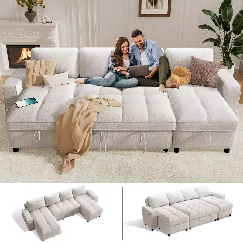 Dyonery Modular Sectional Sleeper Sofa with Pull Out Bed, U Shaped Sectional Sofa with USB Ports/Adjustable Backrest/2 Storage Seats