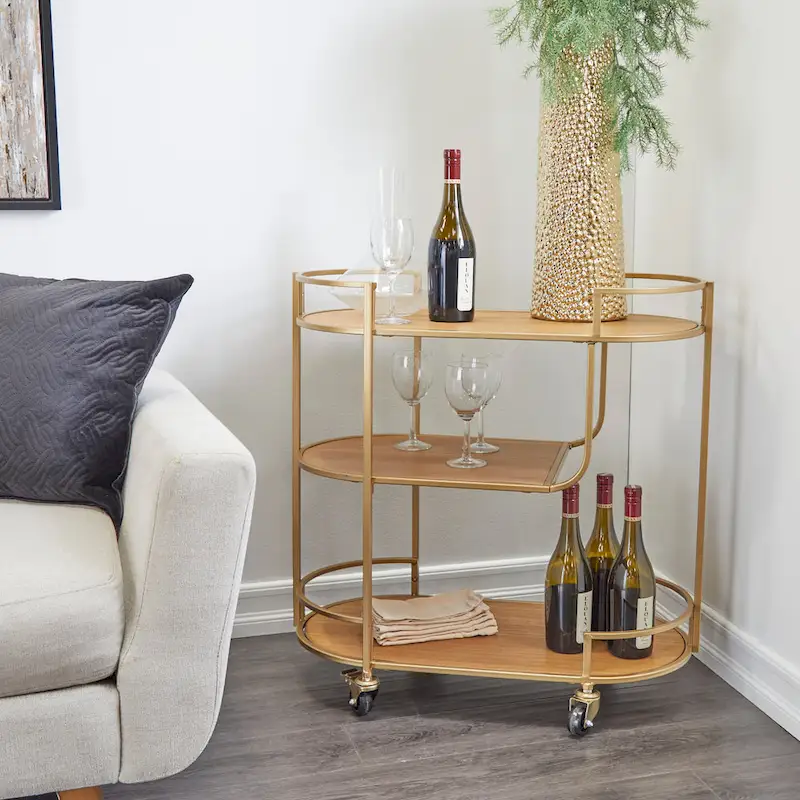 Wood Rolling 3 Shelves Bar Cart with Handles - Gold -  - 15W x 30L x 30H