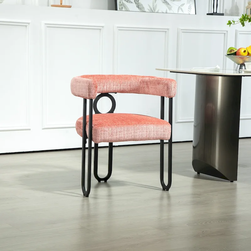 Upholstered Barrel Dining Chair, Chenille Fabric, Foam Cushion, Black Iron Frame, Non-Slip Feet, Pink, 1-Person Use