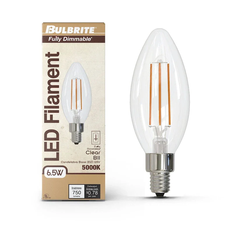 Bulbrite LED Filament Pack of (4) 6.5 Watt Dimmable B11 Light Bulbs with a Clear Finish and Medium (E26) Base - Warm White Light