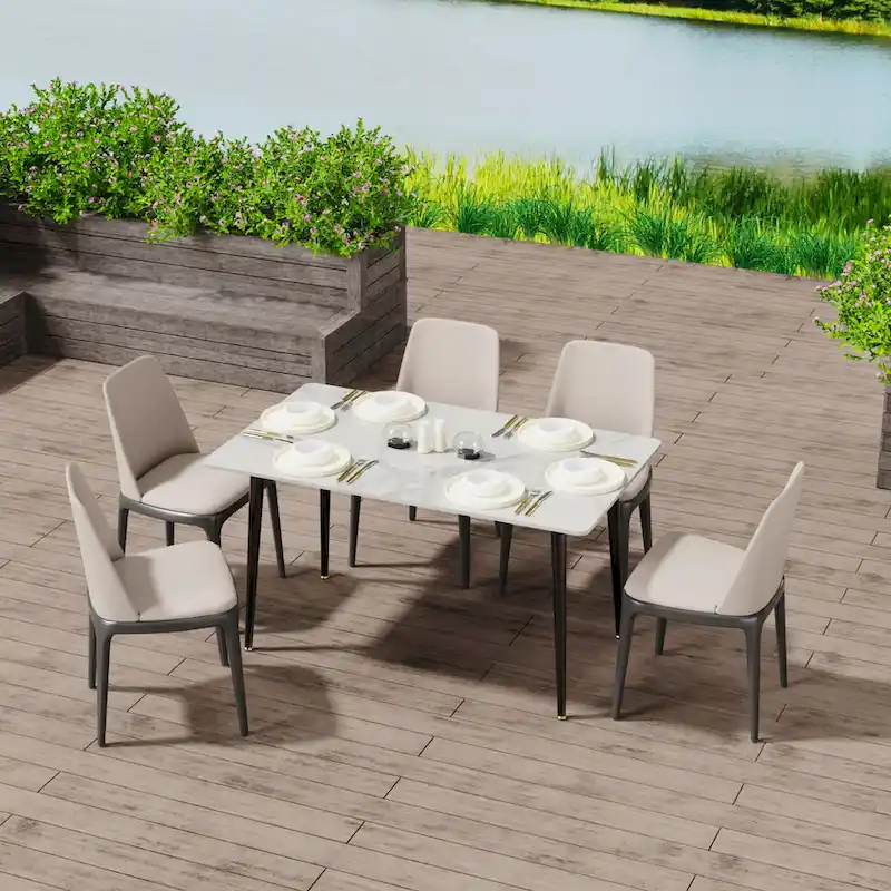 6 Seater Kitchen Dining Table Modern Marble Tabletop Rectangular with Tapered Metal Legs