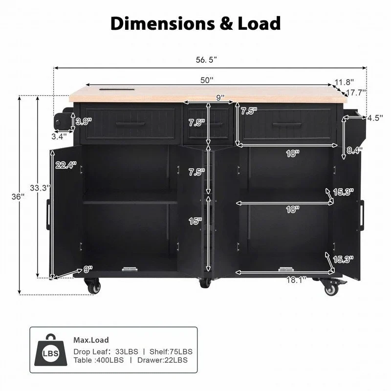56.5 Kitchen Island with Drop Leaf and Charging Station, Rolling Kitchen Cart on Wheels with Drawers and Adjustable Shelves