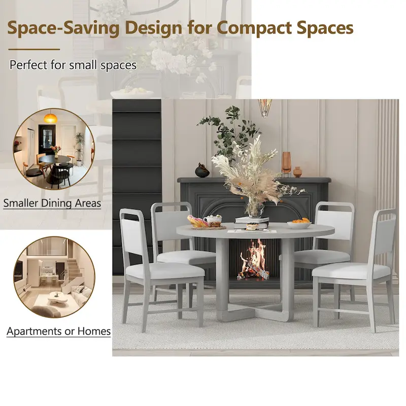 5 Piece Dining Table and Chair Set, Wooden Kitchen Dining Table Set with Round Dining Table and 4 Upholstered Chairs