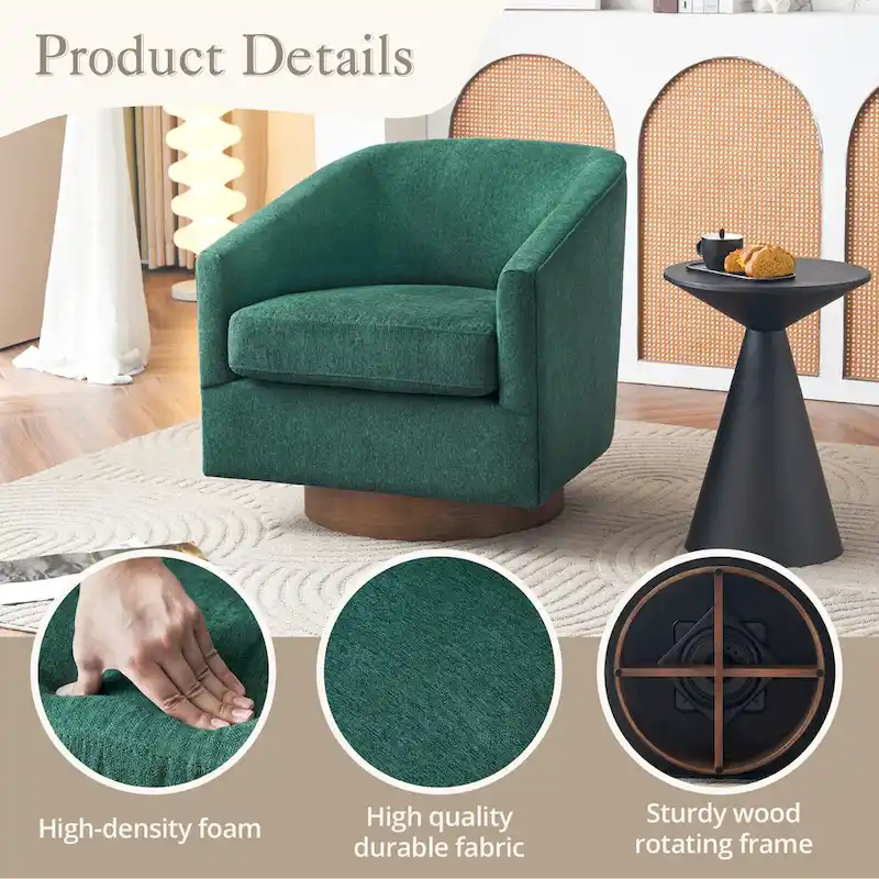 LUE BONA Modern Living Room Armchair Upholstered Wooden Barrel Swivel Accent Chair