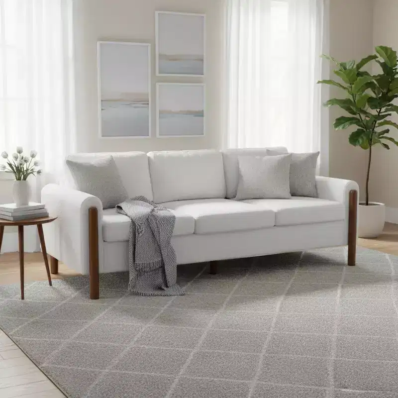 Homy Casa 83.86 Three-Seat Sofa with Curved Armrests & Integrated Wood Legs, Teddy Upholstery