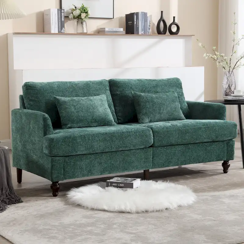 Chenille Upholstered 2-Seater Loveseat Sofa, Mid-Century Style – Emerald / Grey / Black / Pink / Beige / Orange
