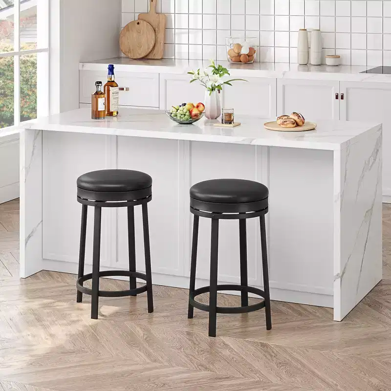 Bar Stools Set, 24-Inch Height PU Leather Upholstered and Black Metal Frame, Backless Round Bar Stools for Kitchen Island Dining Room Home Bar