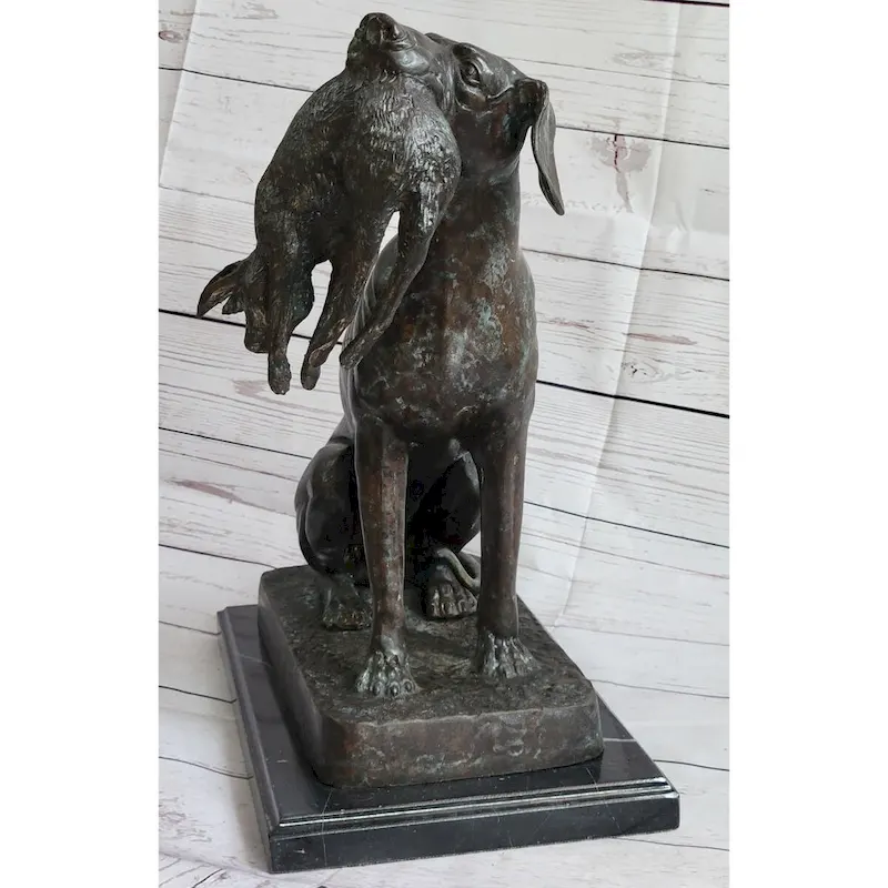 Hunting Dog Retriever W/ Imitative Rabbit In Mouth Bronze Statue Sculpture Figure 16 Inches X 16 Inches
