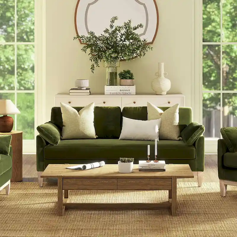 Velvet Sofa with Loose Pillow-Back and Wood Base - 75.5 Inch