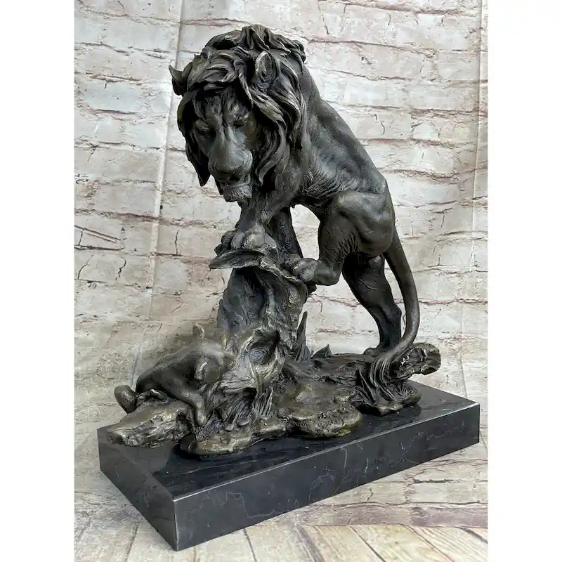 Male Imitative Lion W/ Cub Bronze Statue Sculpture Figure Barye Decor 14 Inches X 12 Inches