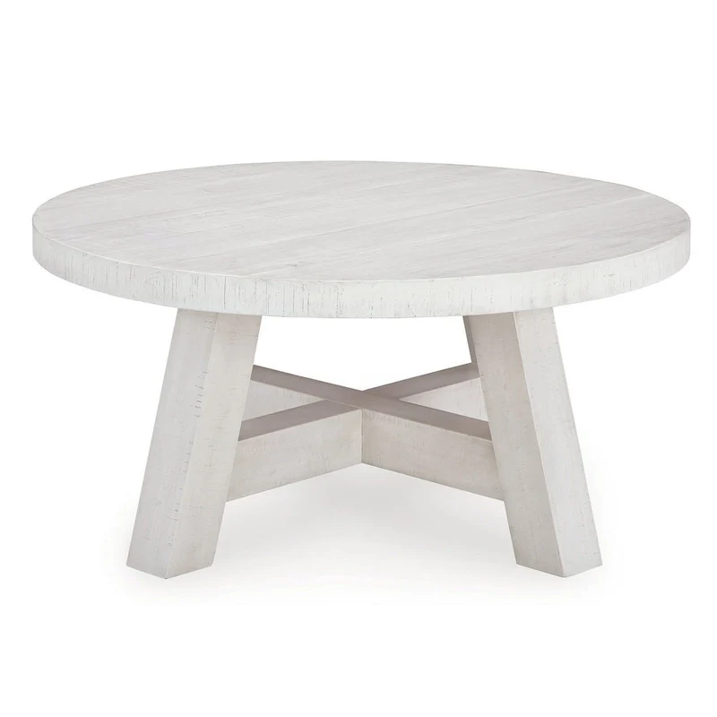 Round Cocktail Coffee Table, Rustic Posts, 40 Inch, Antique White Pine