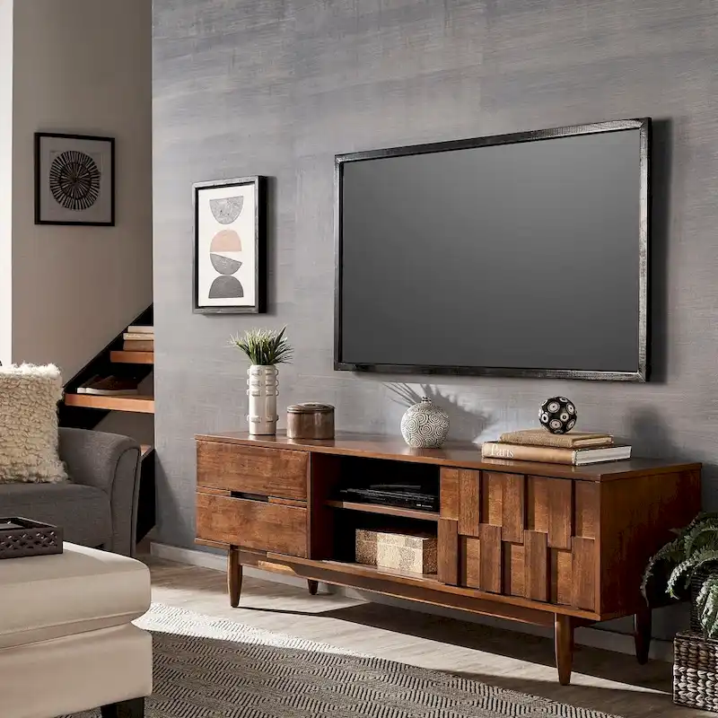 70-Inch Mid-Century TV Stand with 2 Drawers, Sliding Door, Adjustable Shelves - Tobacco Rubberwood Entertainment Center