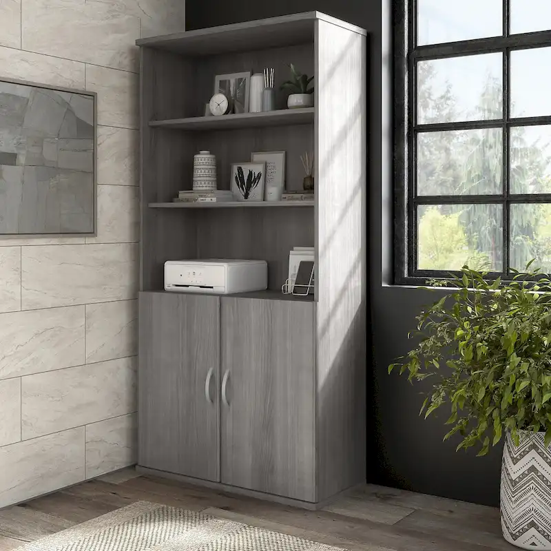 Tall 5-Shelf Bookcase with Cabinet Doors